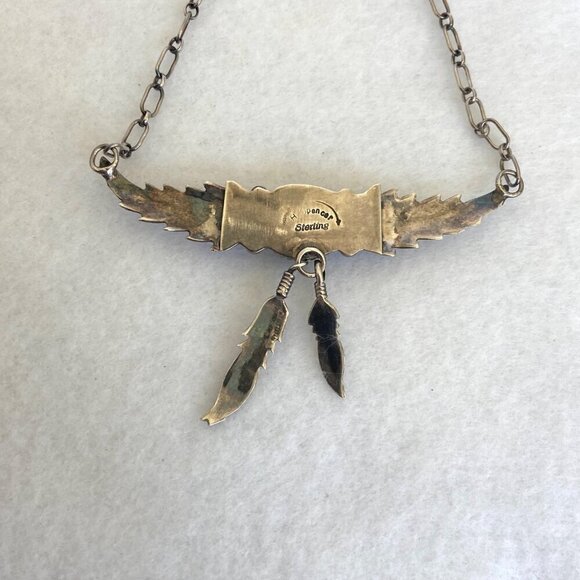 VTG Sterling Silver 925 H. Spencer Navajo Turquoise Leaf Feather Necklace 20.5" - Picture 8 of 16
